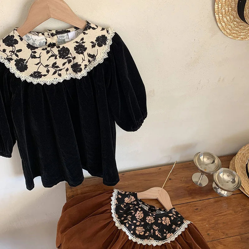 Autumn Velvet Vintage Style Kids Long Dress for Girls Floral Round Collar Princess Kids Clothes Dresses 2-6 Years