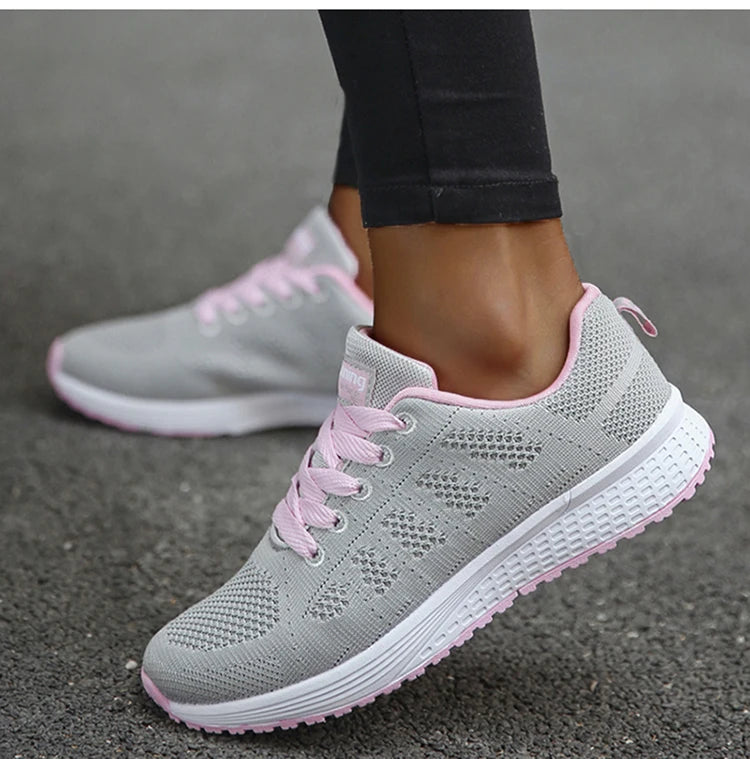 Women's Sneakers Breathable 2025 New Fashion Flat Outdoor Woman Vulcanize Shoes Mesh Fabric Lace Up Ladies Shoes Female Footwear