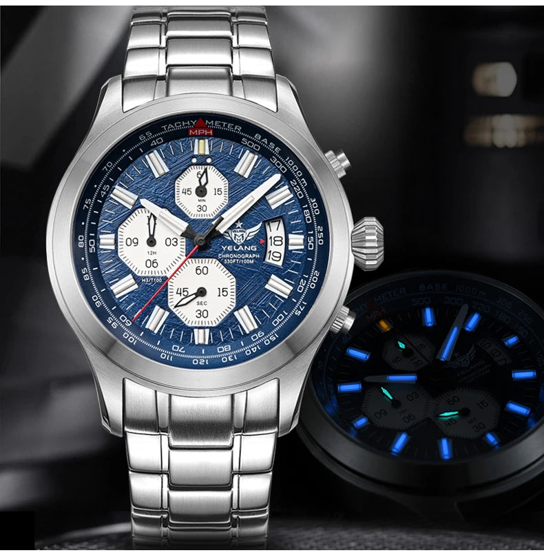Yelang Men's Three Eyes Six Needles Japan OS00 Movement 100M Water Resistant Waterproof Diving Stainless Steel Quartz Watch