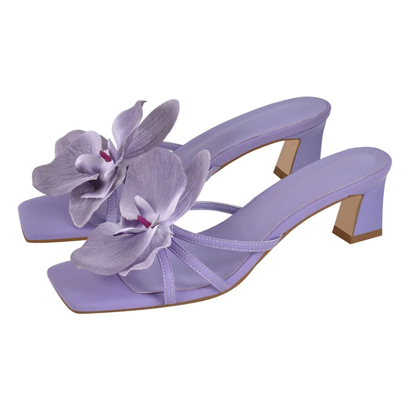 Women Square Toe Flower Mulesl Orchid Heels Slip On Thong 5CM Thin Heel Woman Sandals