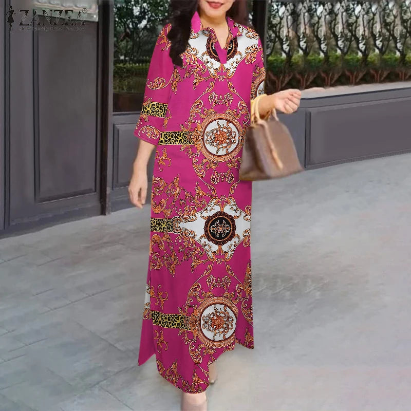 Fashion Slit Hem Shirtdress 3/4 Sleeve Women Vintage Casual Maxi Dress Autumn Baroque Print Lapel Neck Long Vestidos