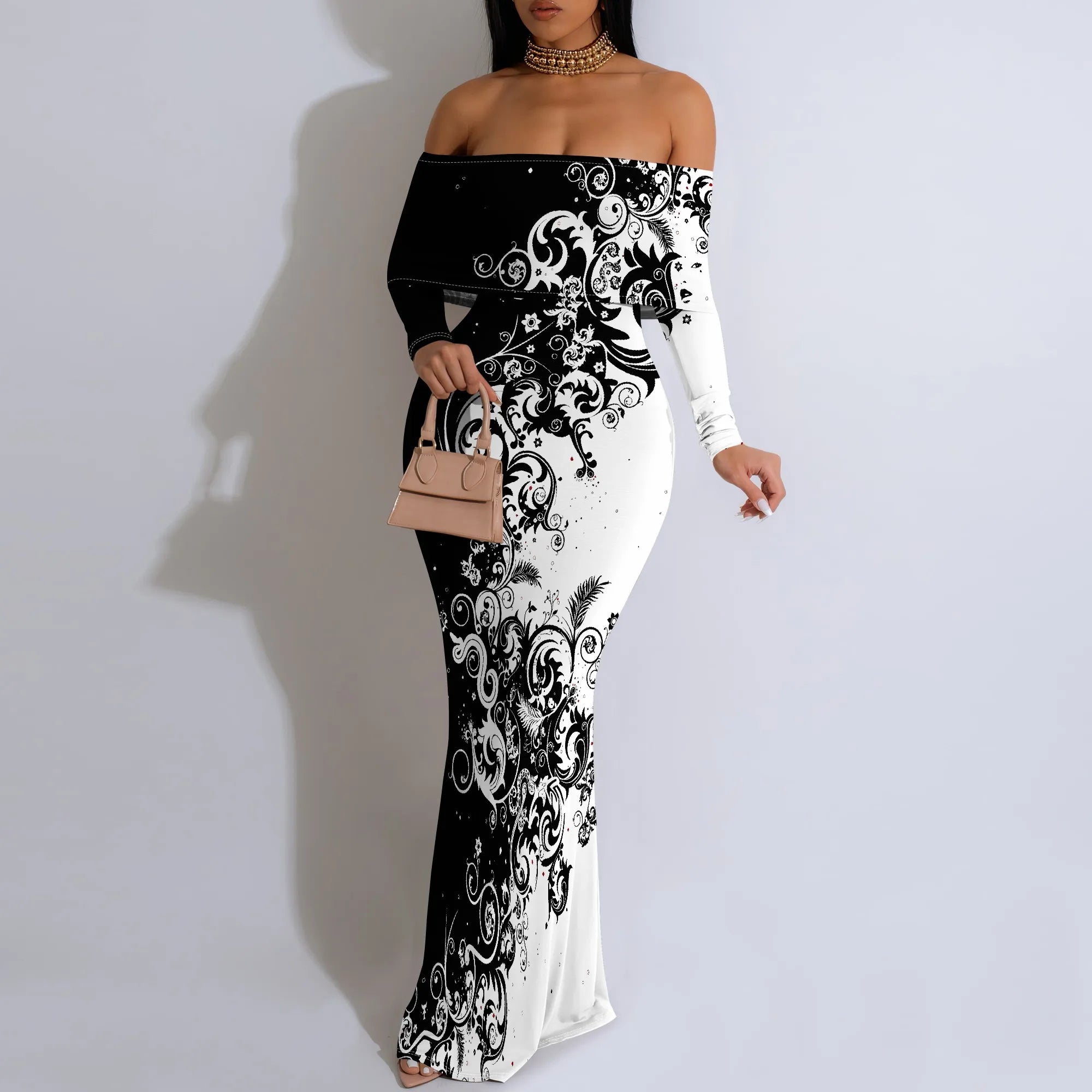 Plus Size Black White Floral Off-Shoulder Long Sleeve Maxi Dress - Women's Dramatic Elegant Party Evening Resortwear