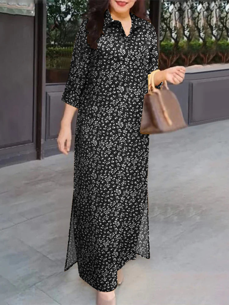Women 3/4 Sleeve Long Dresses Autumn Fashion Lapel Neck Cotton Shirtdress Vintage Floral Print Maxi Shirt Dress