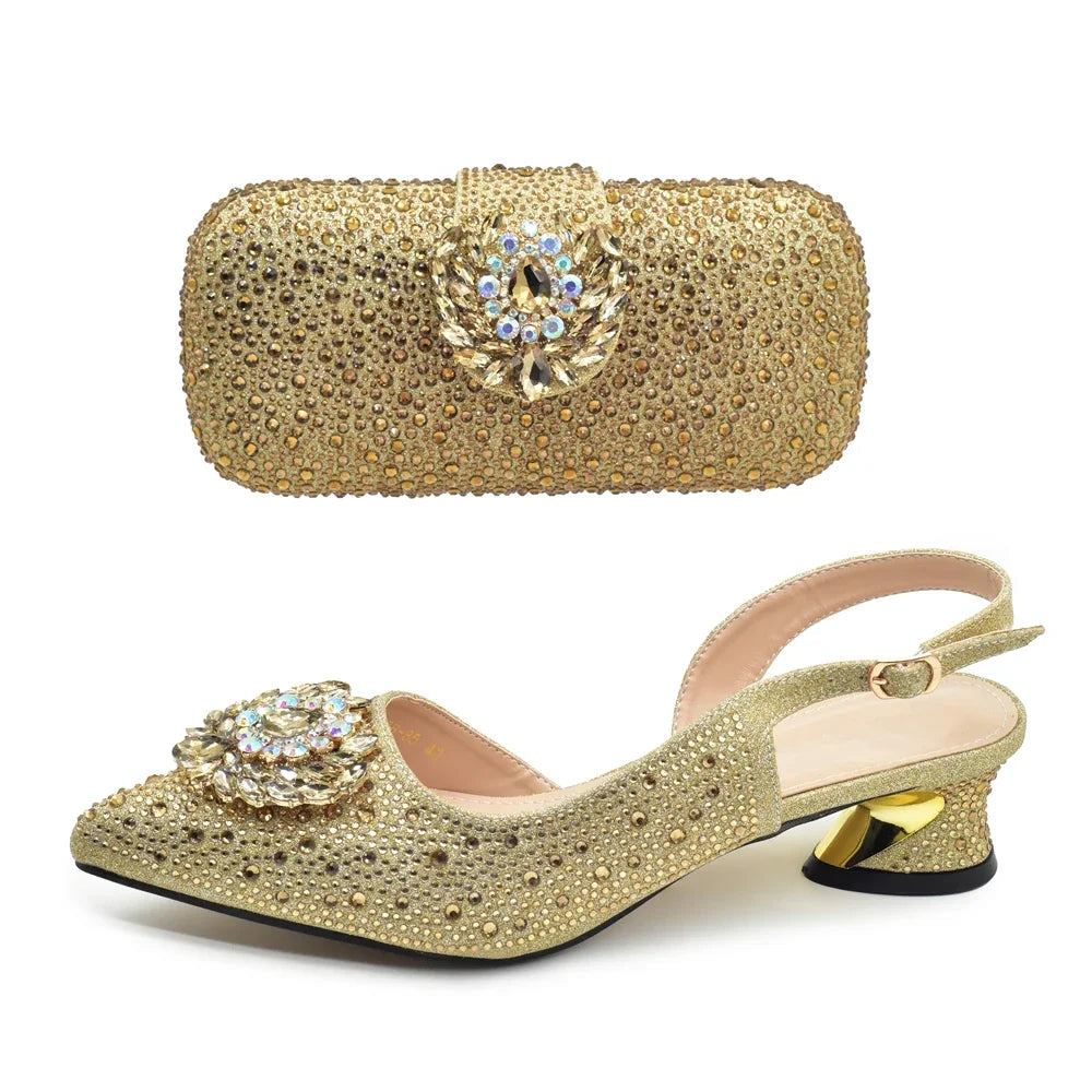 New Fashion Shoes Matching Bag Set Decorated with Crystal Ladies Wedding Party Women High Heel Pumps Luxury Rhiinestone Shoes