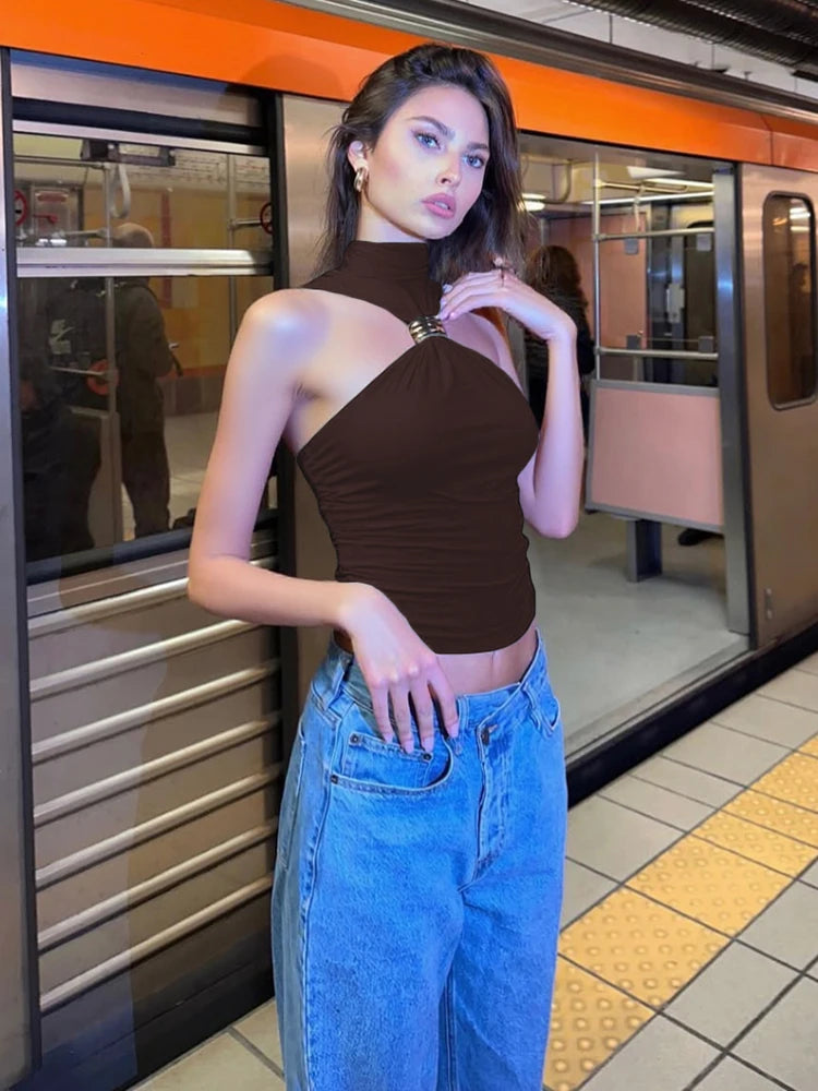 Metal Patchwork Women Fashion Tank Tops Summer Trend Ruched Turtleneck Beach Party Solid Simple Casual Elegant Outfits