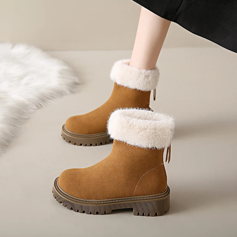 Women's Winter Boots 2024 New Fashion Velvet Lined Solid Color Ankle Square Heel Round Toe Outdoor Snow Boots Thick Soles Zipper