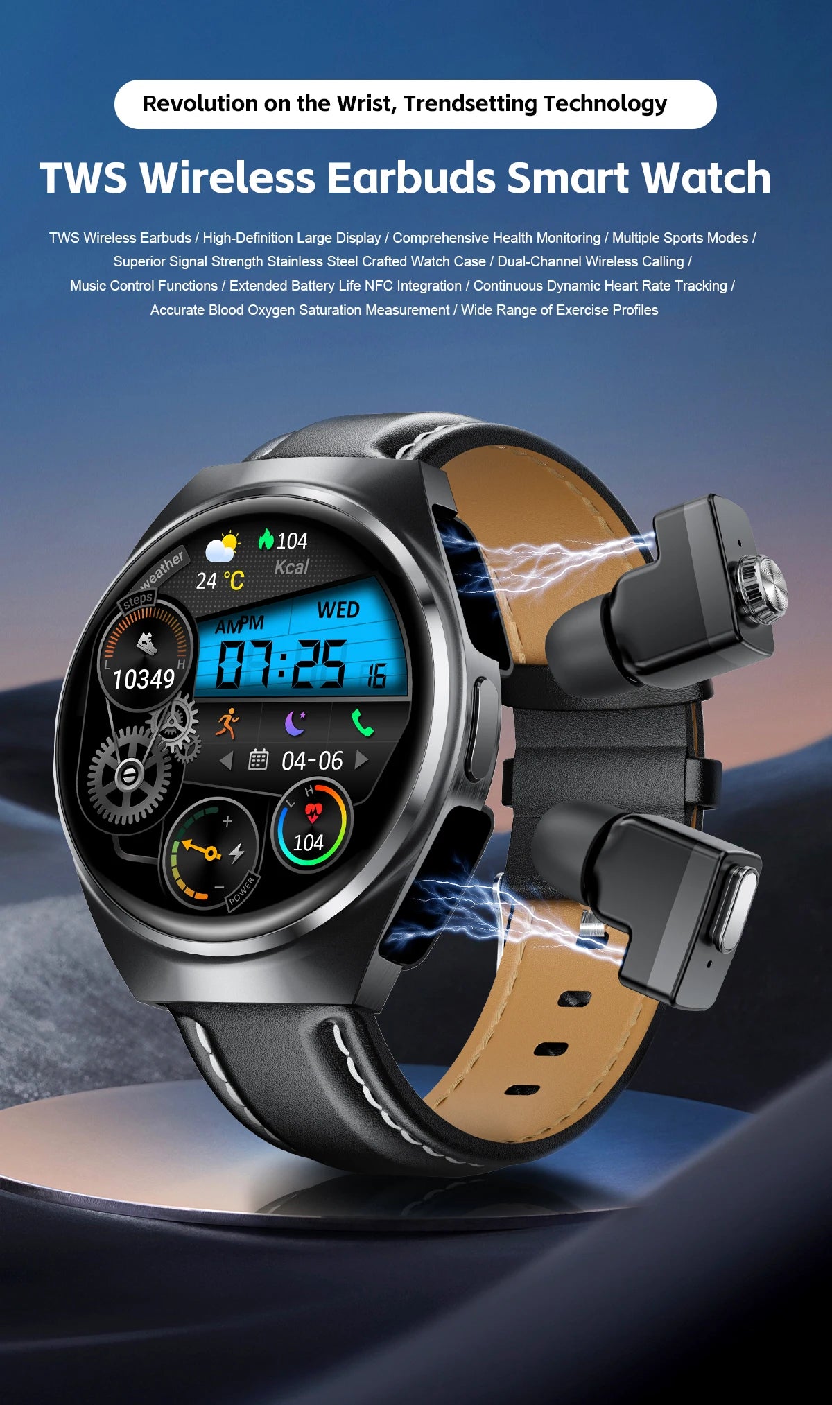 New Smart Watch Headset Two In One Wireless Bluetooth Dual Earbuds Call Health Monitor Sport Tracker Smartwatch - Compatible with HUAWEI IOS