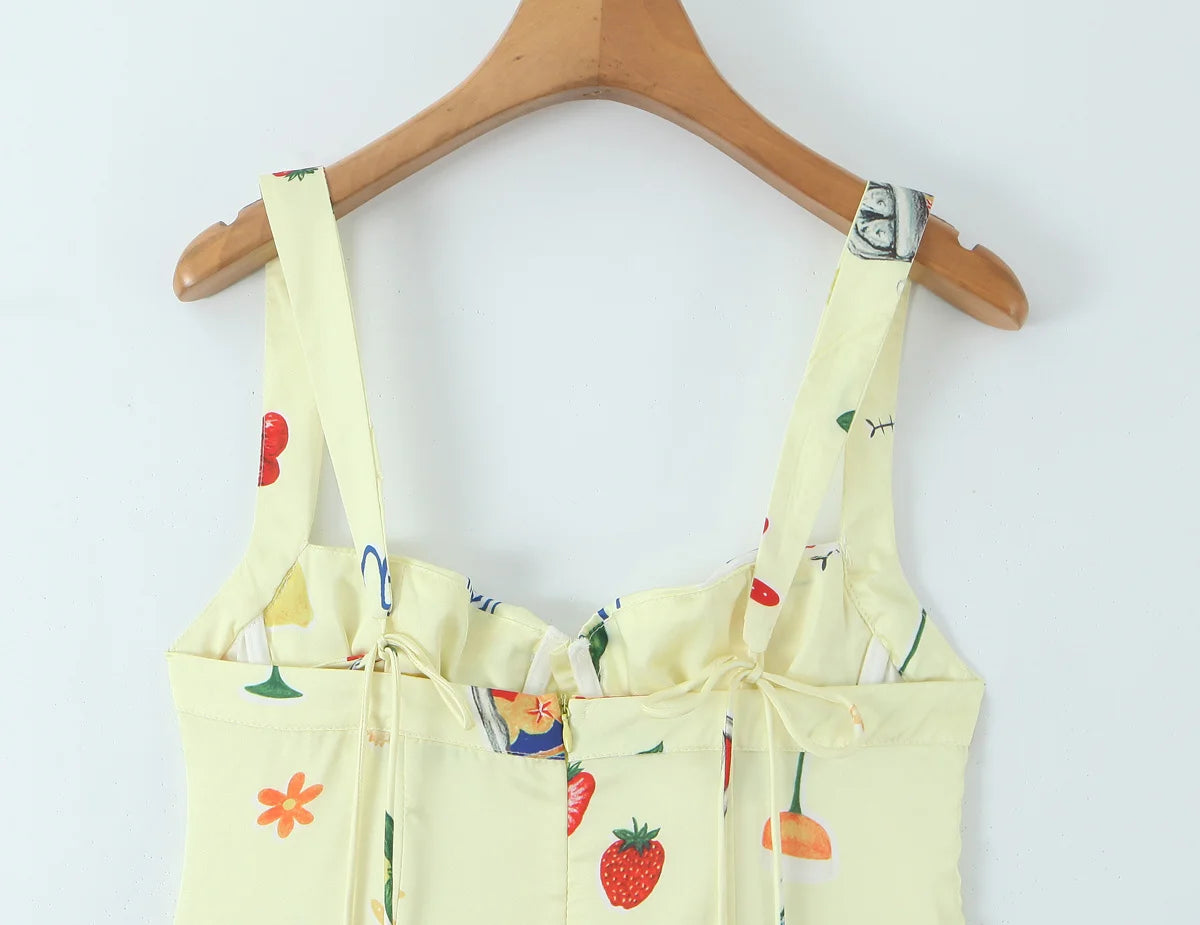 Cute Print Yellow Sexy Corset Style Sling Mini Dresses Women Summer A-line Holiday Dress Backless Robe