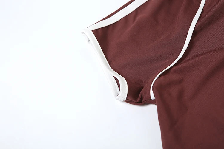 Casual Women 2 Piece Set Tracksuit Stretch Sporty Polo Neck Crop Tops + Wide Waist Shorts Matching Streetwear Outfits