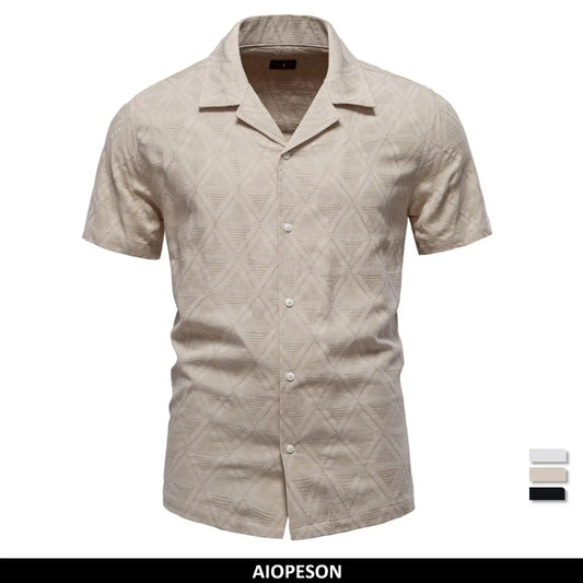 100% katoenen jacquard herenoverhemden met korte mouwen - effen kleur, omgeslagen kraag, casual zomeroverhemden voor heren