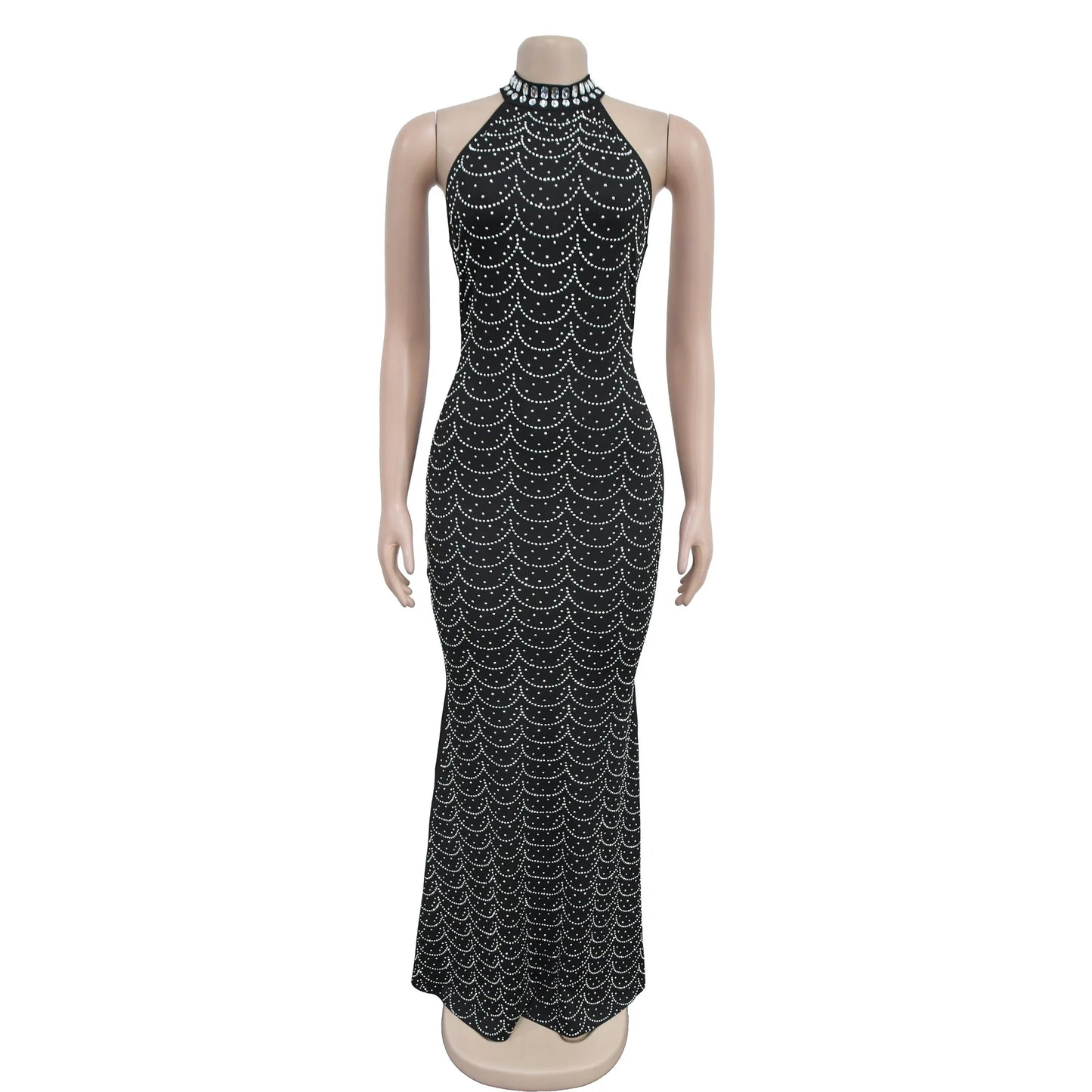 Women's Sexy Sleeveless Halter Rhinestone Decor Floor-length Mermaid Party Dress