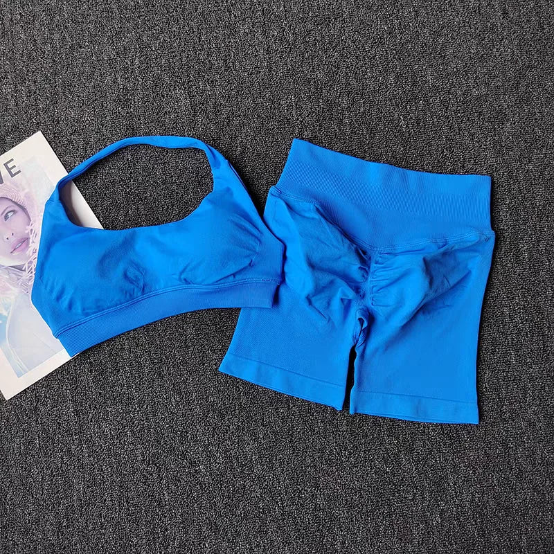 2-delige yogapak voor vrouwen Naadloze fitnesskleding Halter sportbeha Bijpassende impact shorts Trainingssets Gymset Outfit