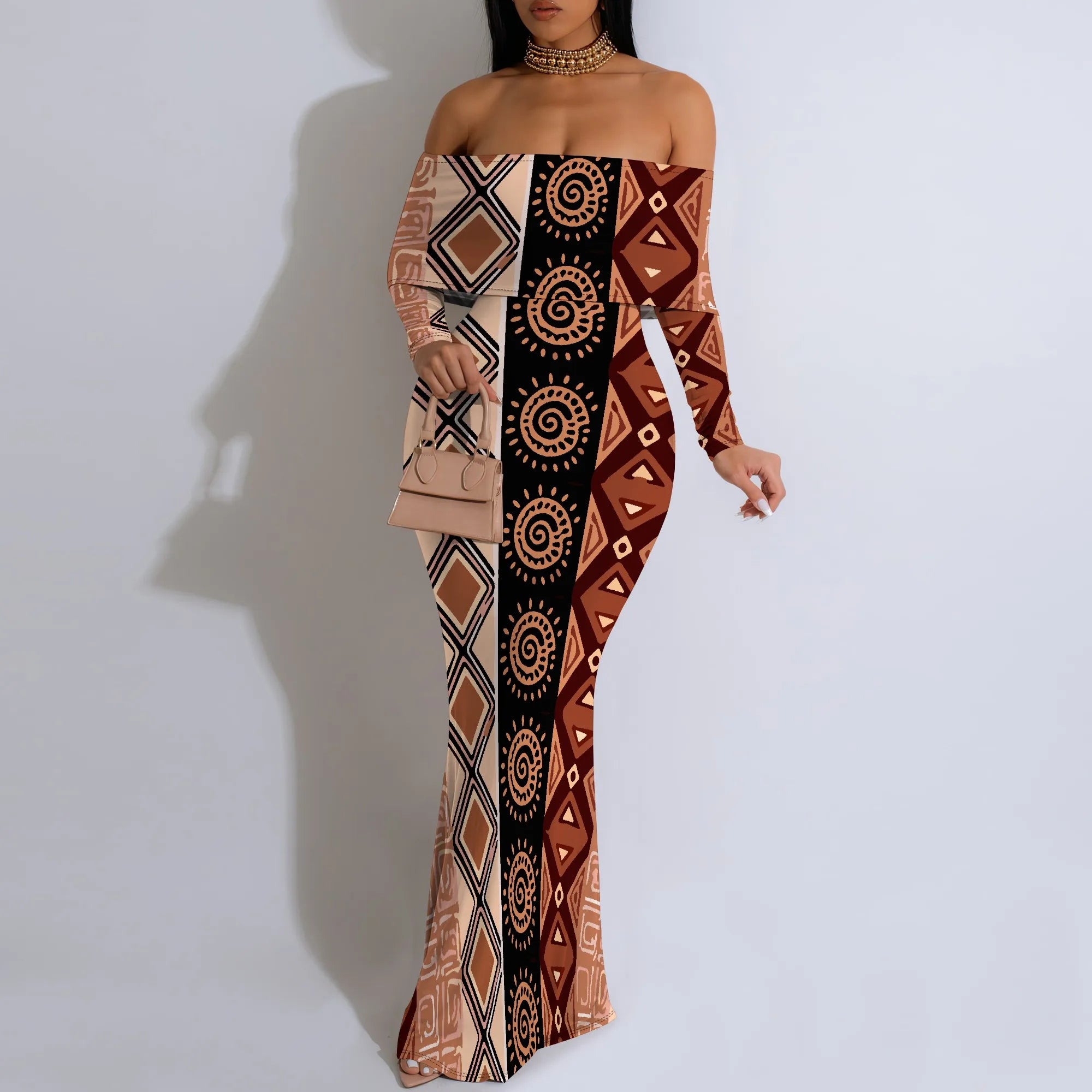 Off Shoulder Maxi Dress Blue Purple Glitter Print Bodycon Long Sleeve Gown