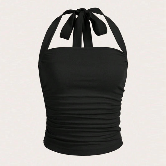 Tanks Summer Korean Fashion Solid Colour Folds Sleeveless Halter Neck Skinny Fit Streetwear Tanks for Women