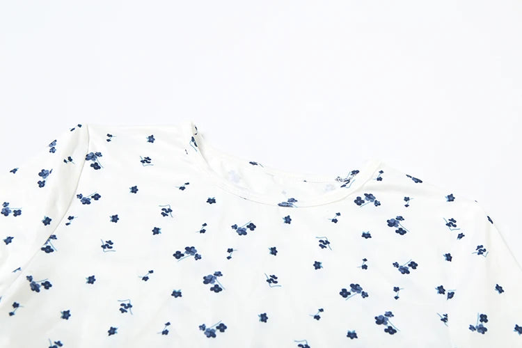 Floral Print 2 Piece Set Women o-Neck Short Sleeve T-Shirts+Folds Skinny Shorts Matching Casual Simple Ruffles Suits