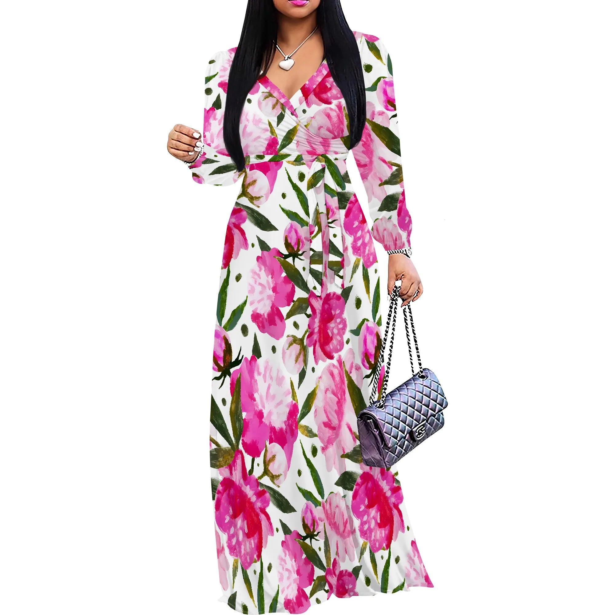 Pink Floral V-Neck Long Sleeve Maxi Dress Women Spring Summer Garden Style