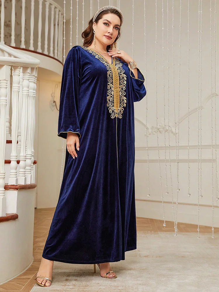 Women's Plus Size Contrast Lace Tape Velvet Dress New Autumn Winter Luxury Elegant Abaya Arabian Muslim Maxi Dresses
