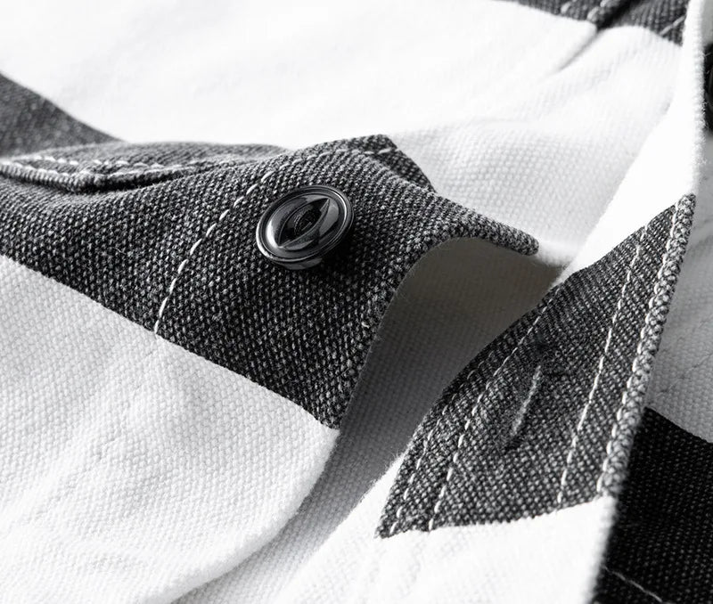 Herfst Nieuwe Amerikaanse Retro 16oz Zwaargewicht Gevangenis Gestreepte Jas Herenmode Puur Katoen Gewassen Dikke Canvas Motorjas