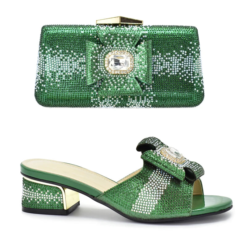 Italian Women Elegant Low Heel Shoes and Bag Set Decorated with Rhinestone for Ladies' Wedding Bride Shoes