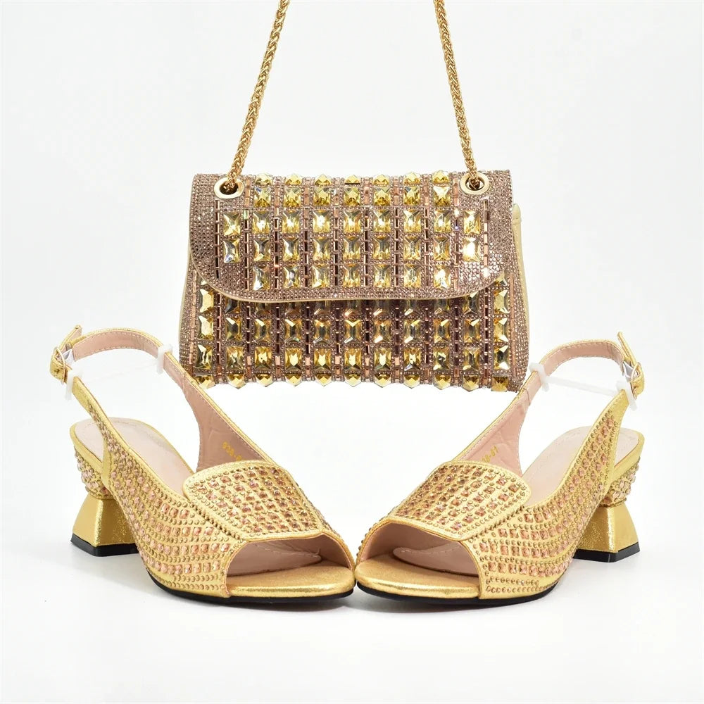 Italian Design Elegant Evening Shoes and Bag Set African Crystal Comfortable Shoes and Bag Commuter Women's Shoes