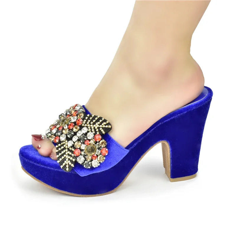 African Women Party Pumps Decorated with Rhinestone Shoes for Wedding Women Wedges Shoes for Women Platform Heels Nigerian Pumps