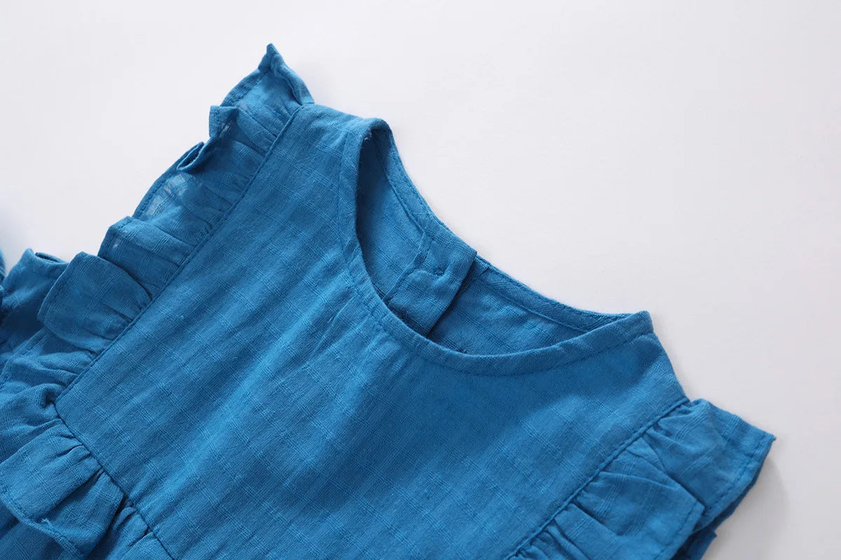 New Summer Kids Sundress Korean Style Ruffled Blue Vest Style Dress for Girls Children Sleeveless Dress 4-6Y Girls