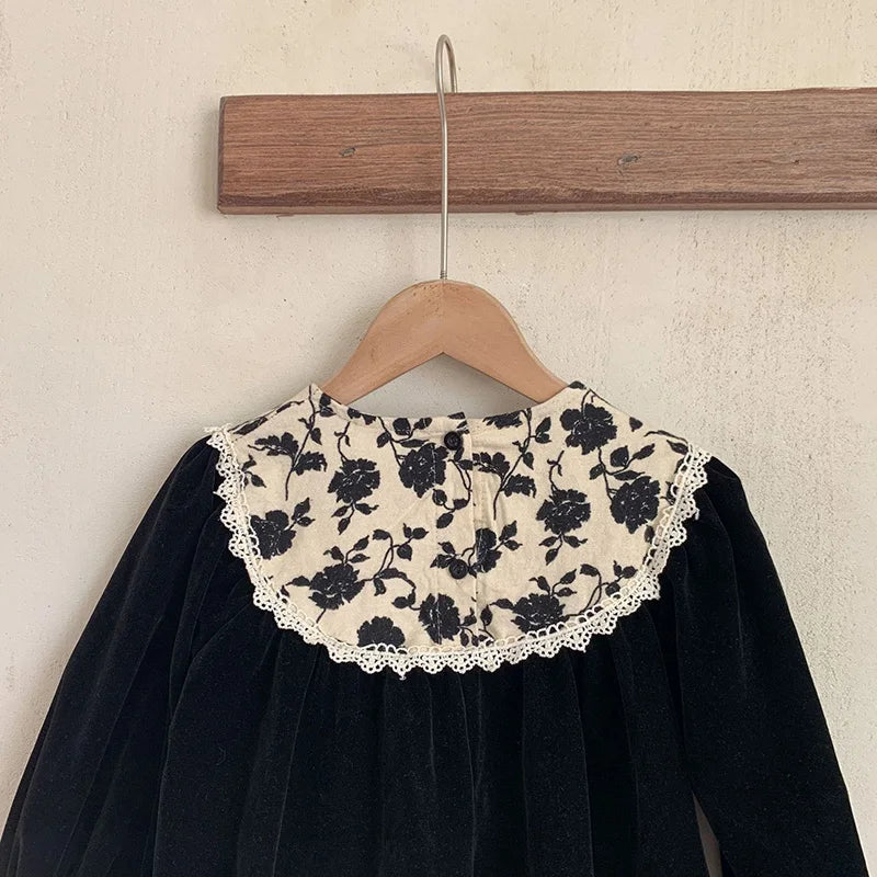 Autumn Velvet Vintage Style Kids Long Dress for Girls Floral Round Collar Princess Kids Clothes Dresses 2-6 Years