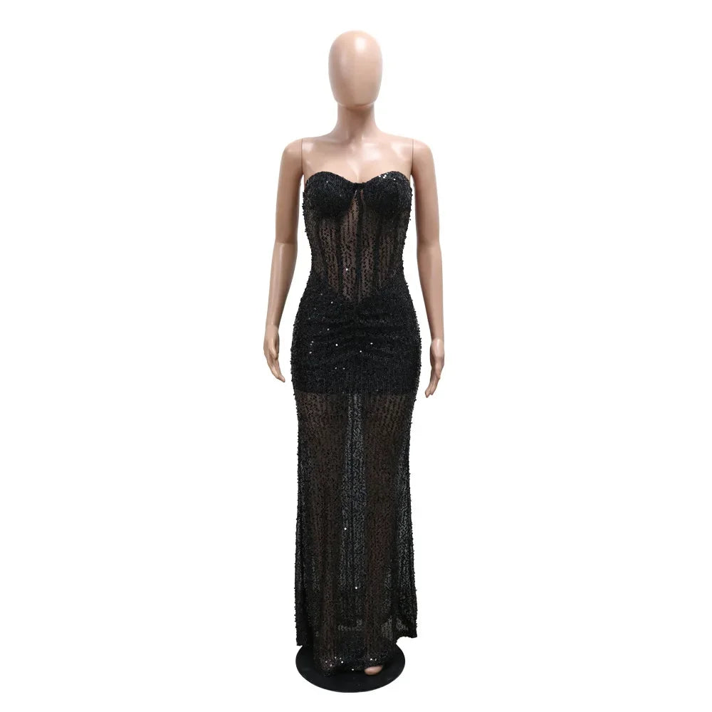 Sexy Strapless Sequin Party Dresses Long Cocktail Formal Prom Dress