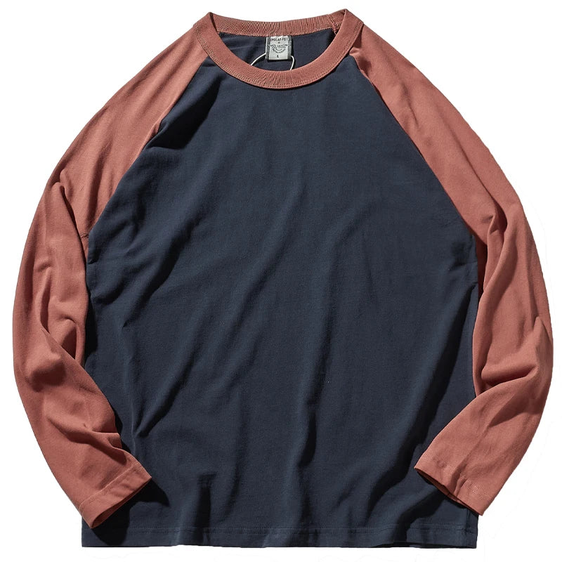 Autumn New American Retro Long Sleeve O-neck Contrast Splicing T-shirt Men's Fashion 100% Cotton Washed Old Casual Sport Tops