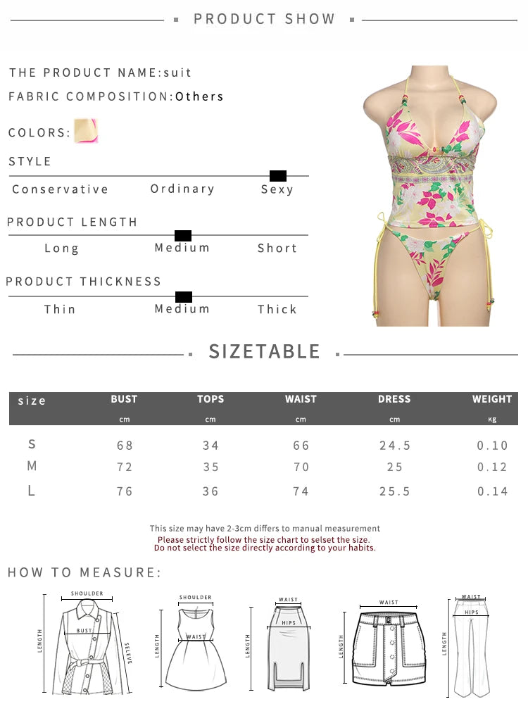 Lotus Print 2 Piece Set Women Halter Low-Neck Backless Tank Tops + Shirring Thong Vacation Fashion Beach Style Swimsuit