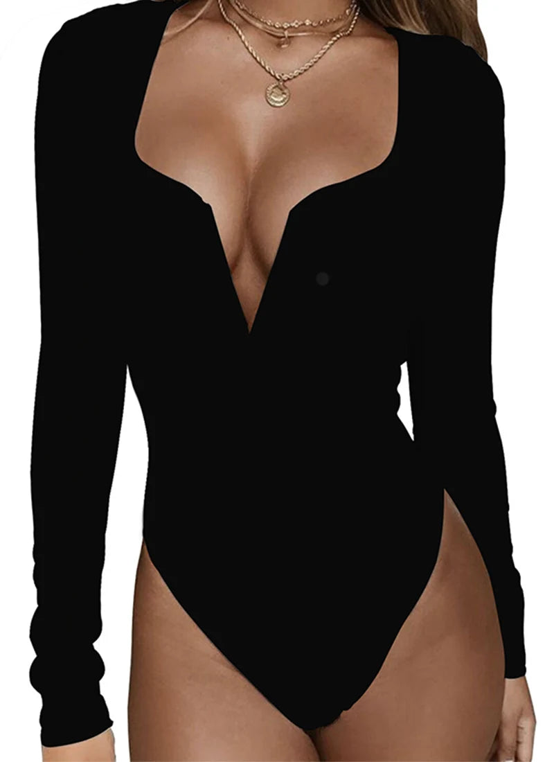 Sexy V-hals skinny jumpsuit voor dames, eenvoudig, comfortabel, effen, lange mouwen, jumpsuit voor dagelijks gebruik, jumpsuit met overhemd en onderstuk.