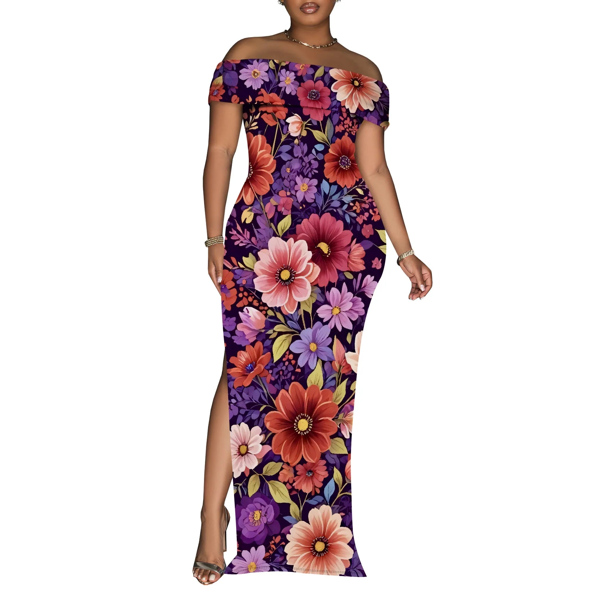 Off Shoulder Bodycon Maxi Dress for Women Floral Print Summer Elegant Party Dress Slim Fit Slit Gown