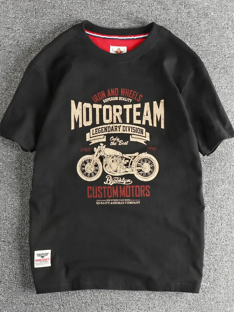 Summer American Retro Short Sleeve O-neck Letter Motorcycle Printed T-shirt Men's Fashion 100% Cotton Washed Casual Youth Tops