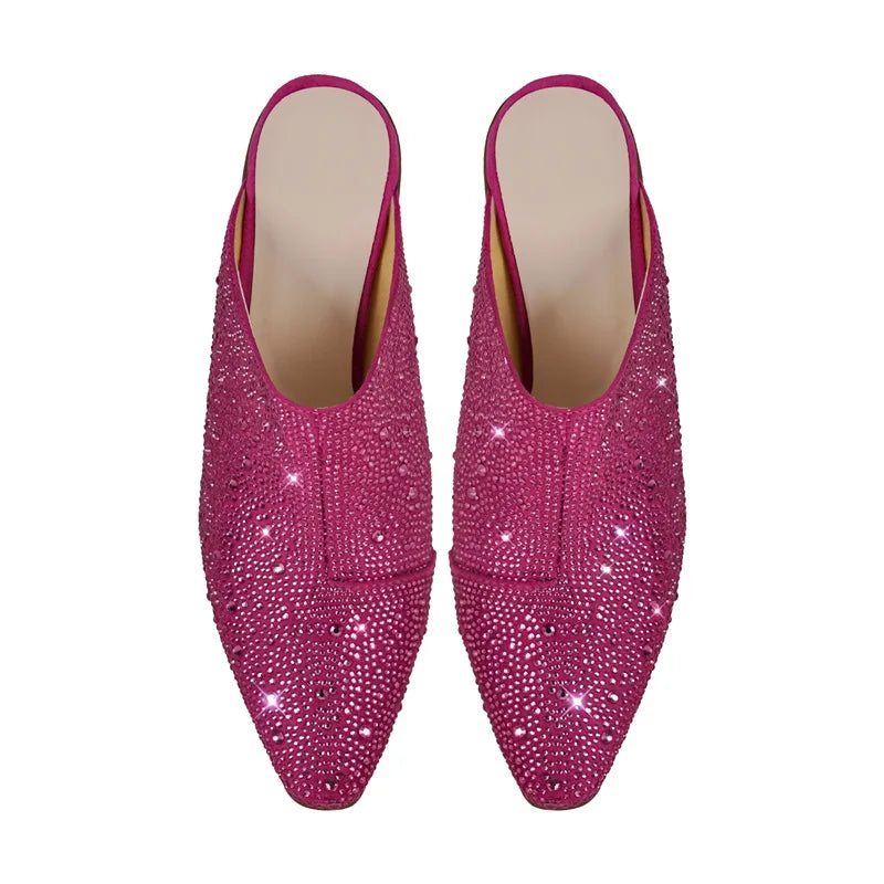 Women Pointed Toe Rhinestone Mules Glitter Bling Shiny Pretty Sparkly Gorgeous Chunky Heel Slip On Summer Slipper