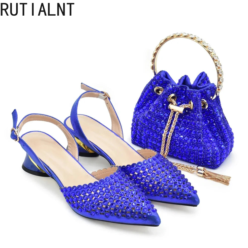 Italian Shoes with Matching Bags Set Rhinestone-Decorated with Medium Heels  for African Ladies' Party Pumps