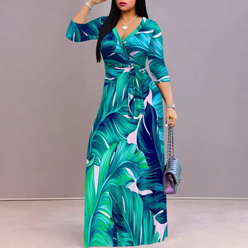 Vacation V-Neck Wrap Dress - Adjustable Tie Waist Floral Midi Dress, Tropical Resort Wear for Women