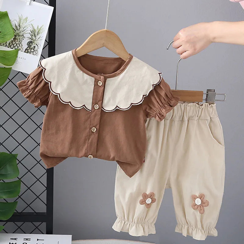 New Summer Kids Clothes 2PCS Set Cute Doll Collar Girls Shirt + Flower Pants Children Thin Style Outwear 12M-5T Girls