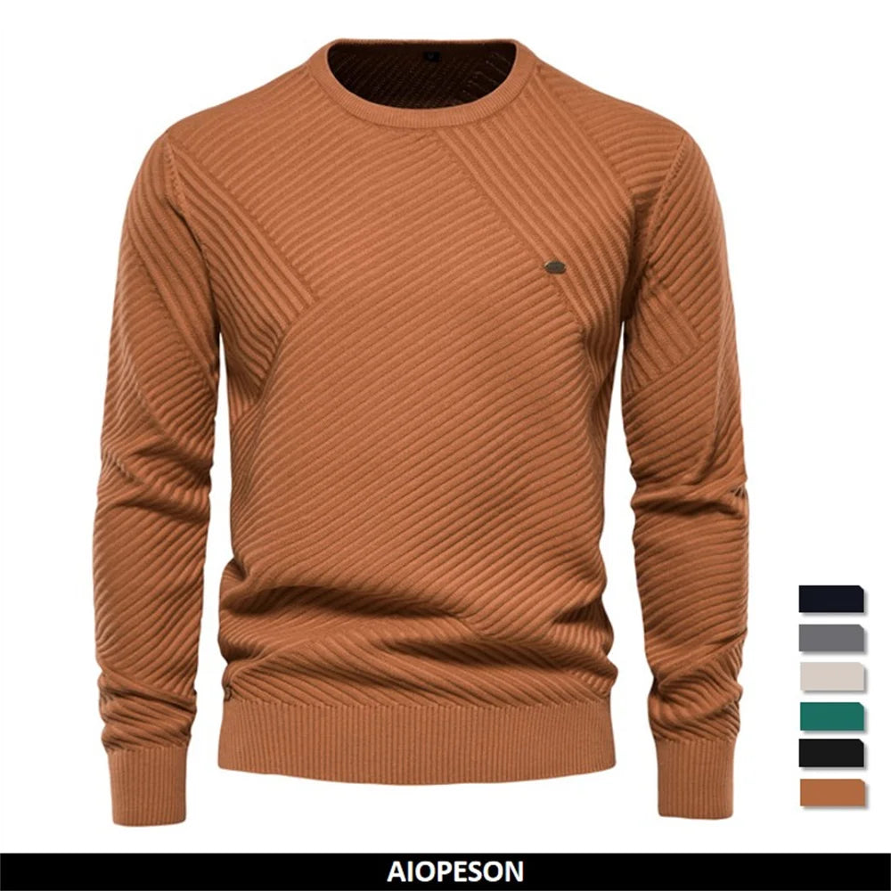 Men's Solid Colour Cotton Sweater Striped O-Neck Knitted Pullover for Men Casual High Quality Winter Sweater