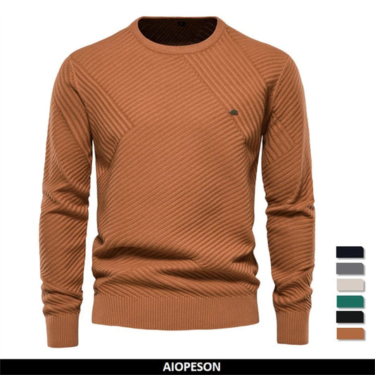Men's Solid Colour Cotton Sweater Striped O-Neck Knitted Pullover for Men Casual High Quality Winter Sweater