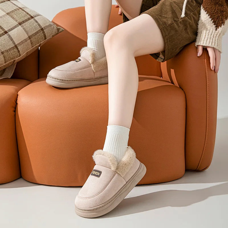 Unisex Plush Lining Shoes With Platform Soft Sole Indoor and Outdoor Slides Non-Slip Fluffy Cosy Warm Slippers For Men & Women