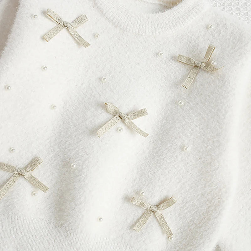 New Autumn Baby Knitwear Cute Girls Bow Bead Children's Sweater Thin Kids Clothes 9M-5T Girls