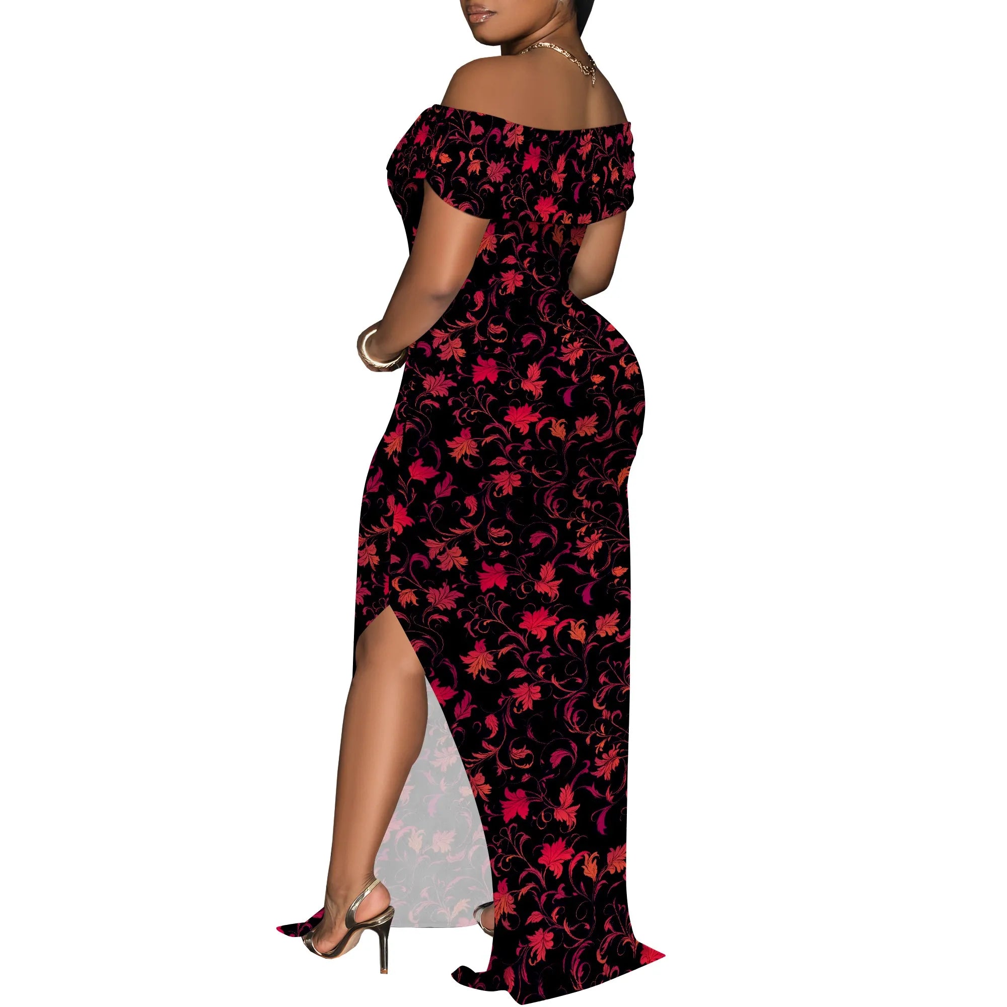 Vintage Floral Off Shoulder Maxi Dress Women Elegant Red Print Bodycon Long Gown Evening Look