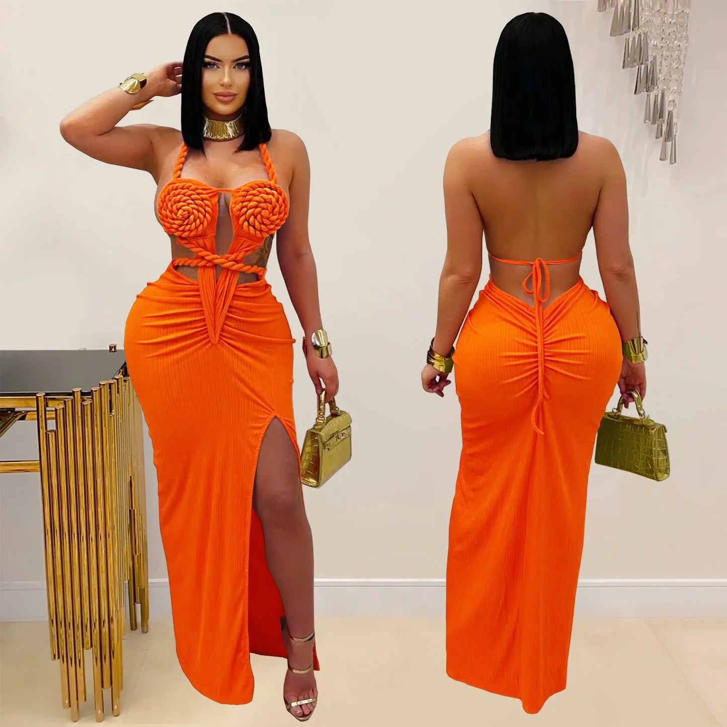 Bohemia Knitted Women Maxi Dress 2025 Summer Halter Lace Up Backless Split Sheath Vestidos Beach Vacation Robe