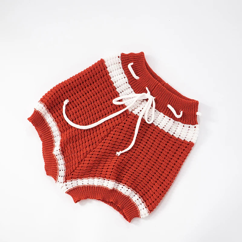 Crochet 2 Piece Set Women Hollow Beach Vacation Shirring Strapless Tops + Contrast Shorts Matching Tight Stretch Suits