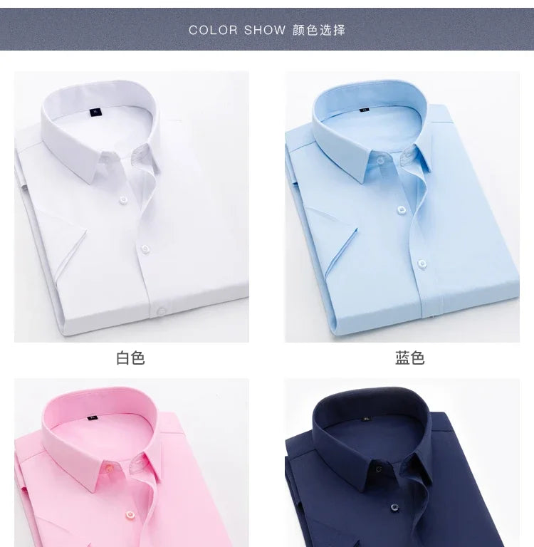 Men Short Sleeve Shirts Summer Ice Silk Light Thin Solid Business Casual Slim Fit White Shirts Classic Fashion Men Clothing
