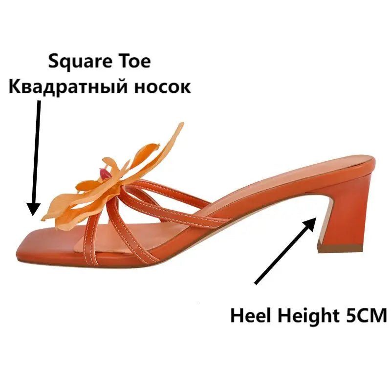 Women Square Toe Flower Mulesl Orchid Heels Slip On Thong 5CM Thin Heel Woman Sandals
