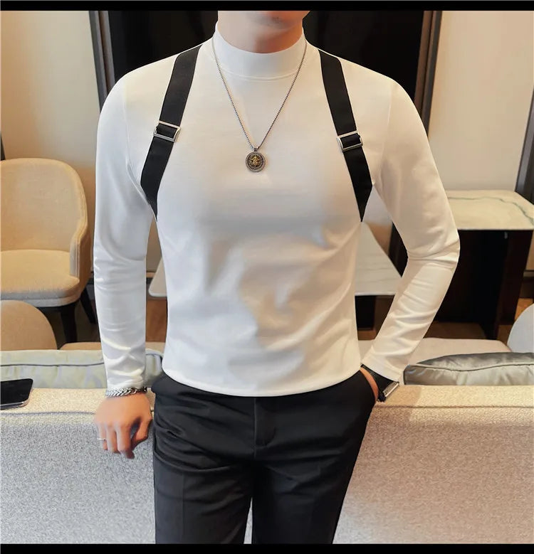 Men's Strap Long-Sleeved T-shirt For Autumn and Winter, Slim Fit Half Turtleneck Bottoming Shirt, Fashion City Knitwear