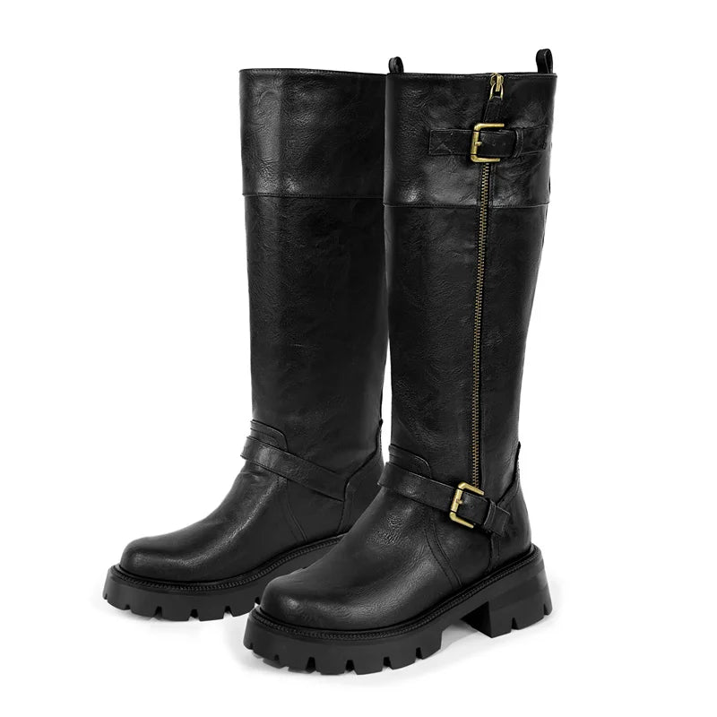 Women Buckle Gothic Black Knee High Boots Heeled Metal Side Zipper Fashion Matte  Modern Winnter Boots