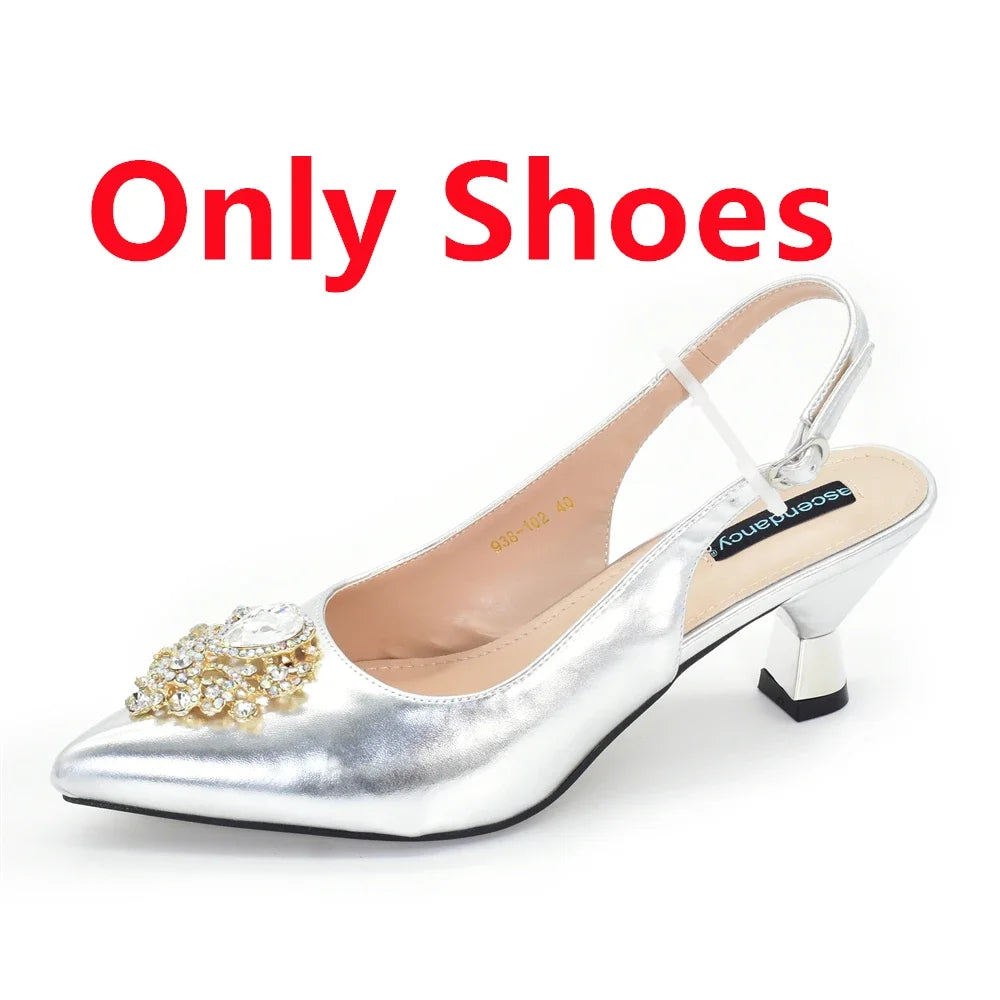 African Matching Shoes and Bags Set Decorated with Rhinestone for Ladies' Party