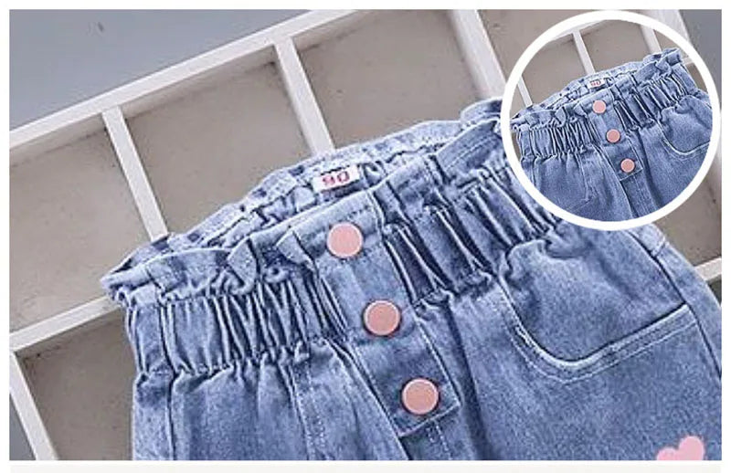 New Spring Kids Jeans Girls Boys Cute Embroidery Cherry Flower Denim Blue Pants Children Outwear Trousers 4-6Y Unisex